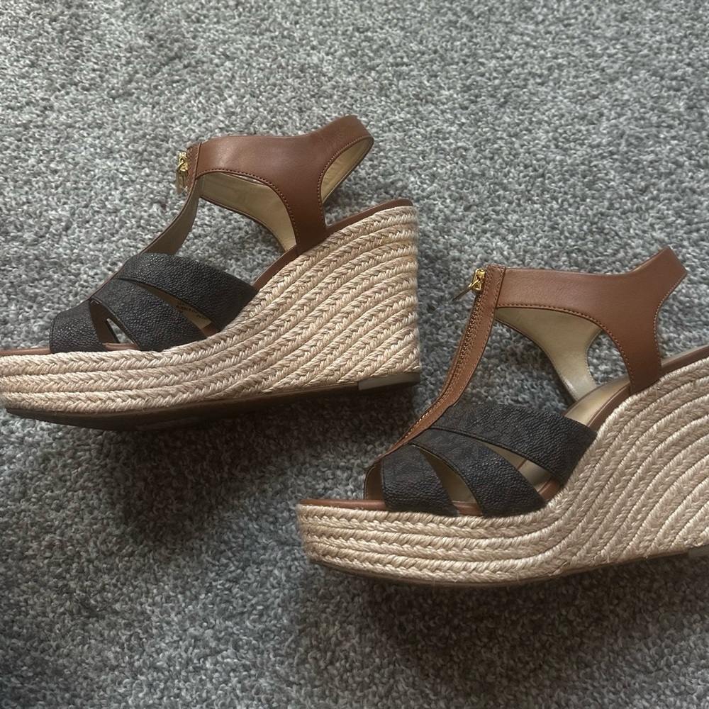Brown and Tan Wedge Sandals Michael Kors